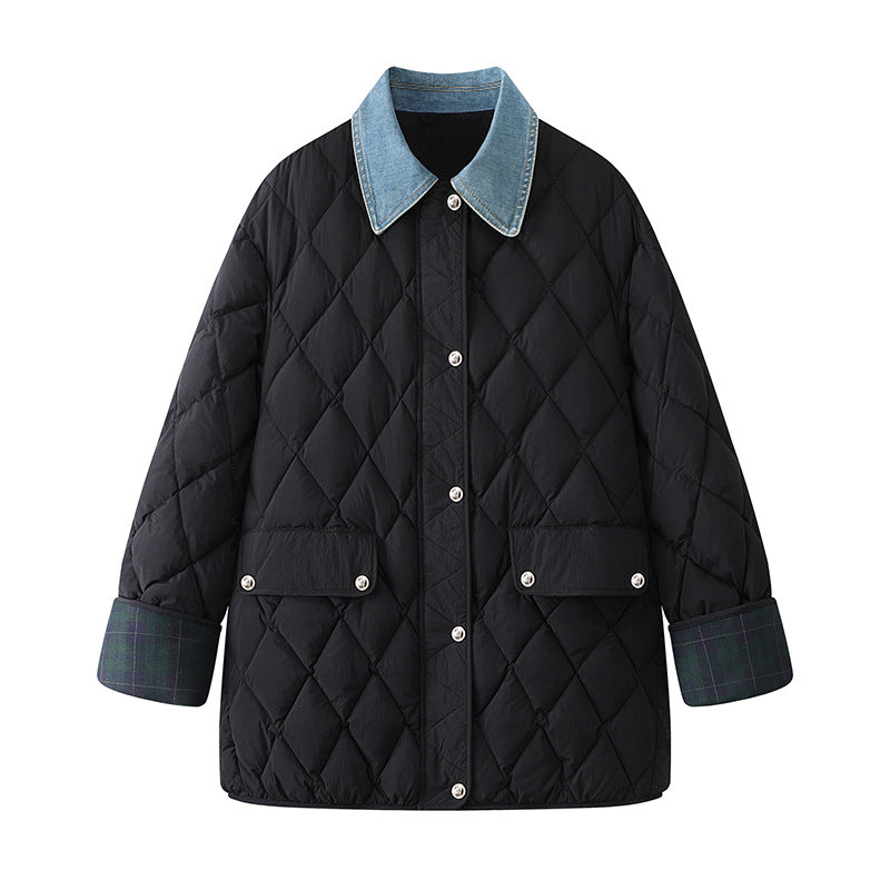 New Denim Stitching Diamond Plaid Cotton Coat Jacket Women