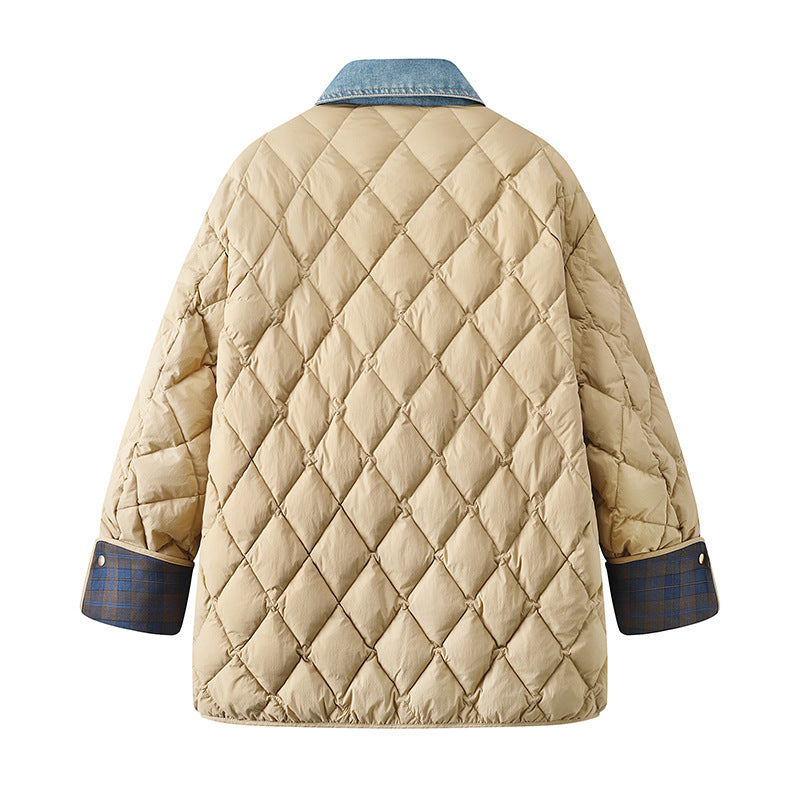 New Denim Stitching Diamond Plaid Cotton Coat Jacket Women