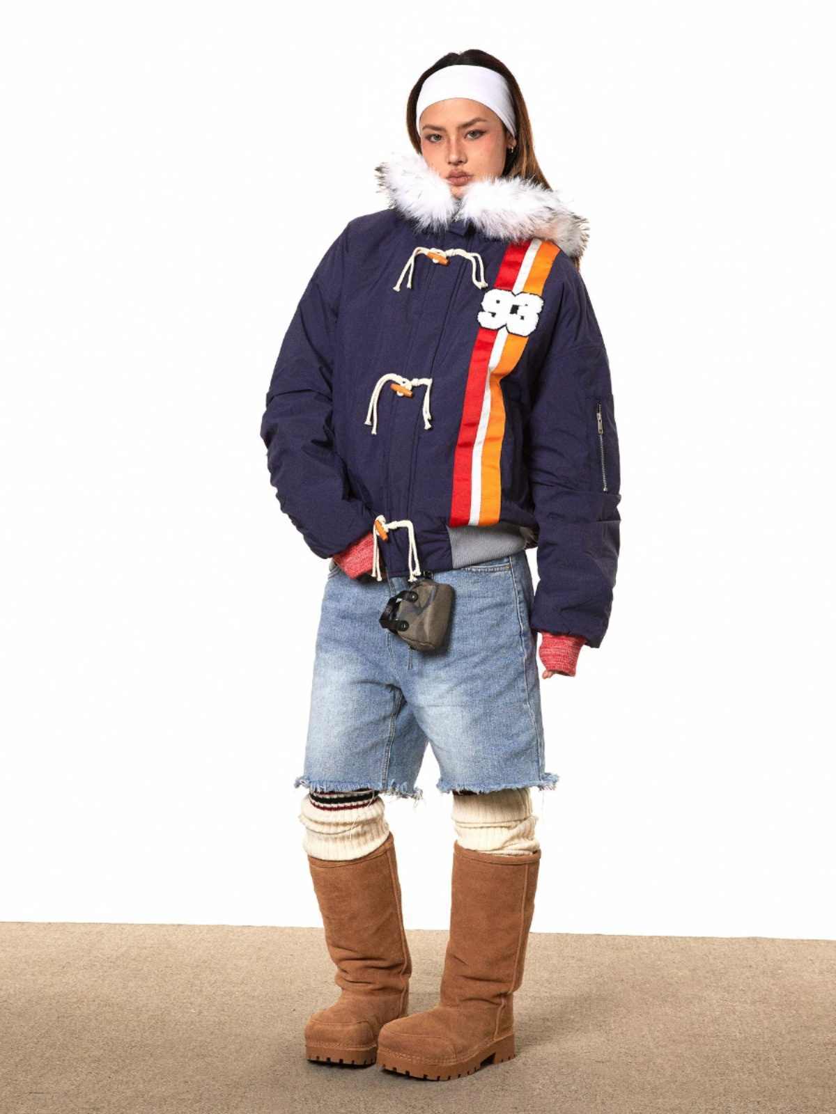 Horn Button Ribbon Short Fur Collar Cotton Coat