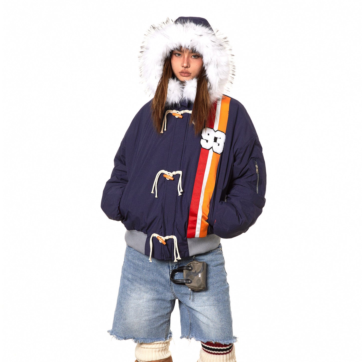 Horn Button Ribbon Short Fur Collar Cotton Coat