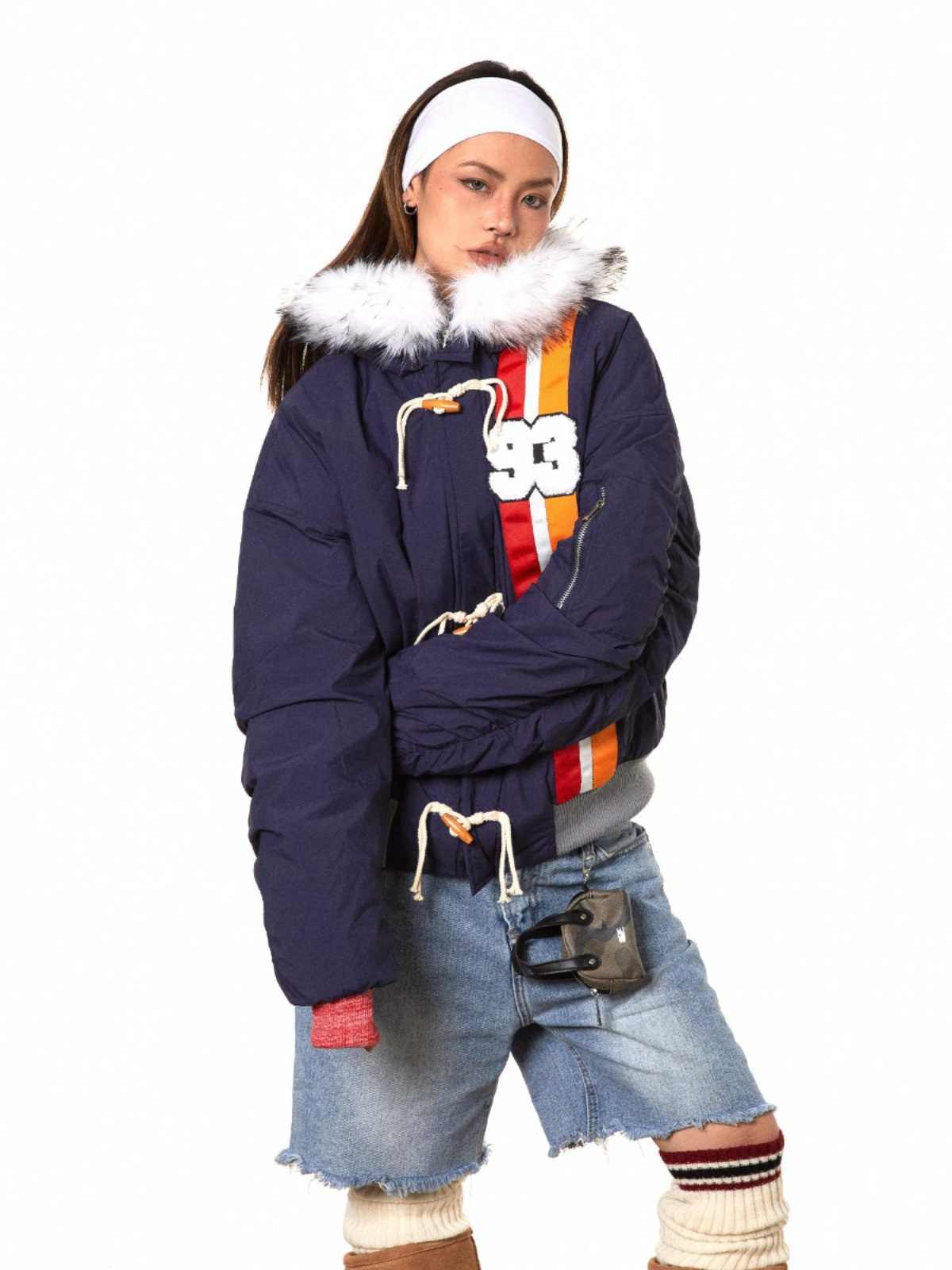 Horn Button Ribbon Short Fur Collar Cotton Coat