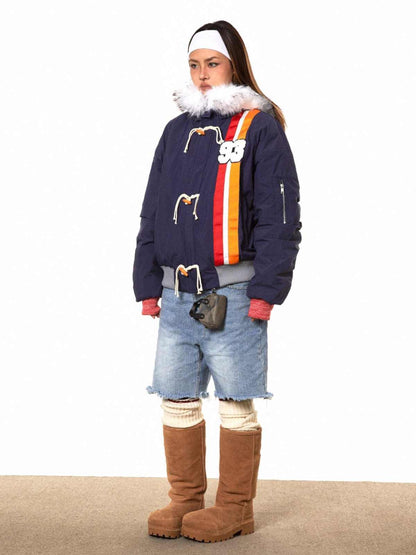 Horn Button Ribbon Short Fur Collar Cotton Coat