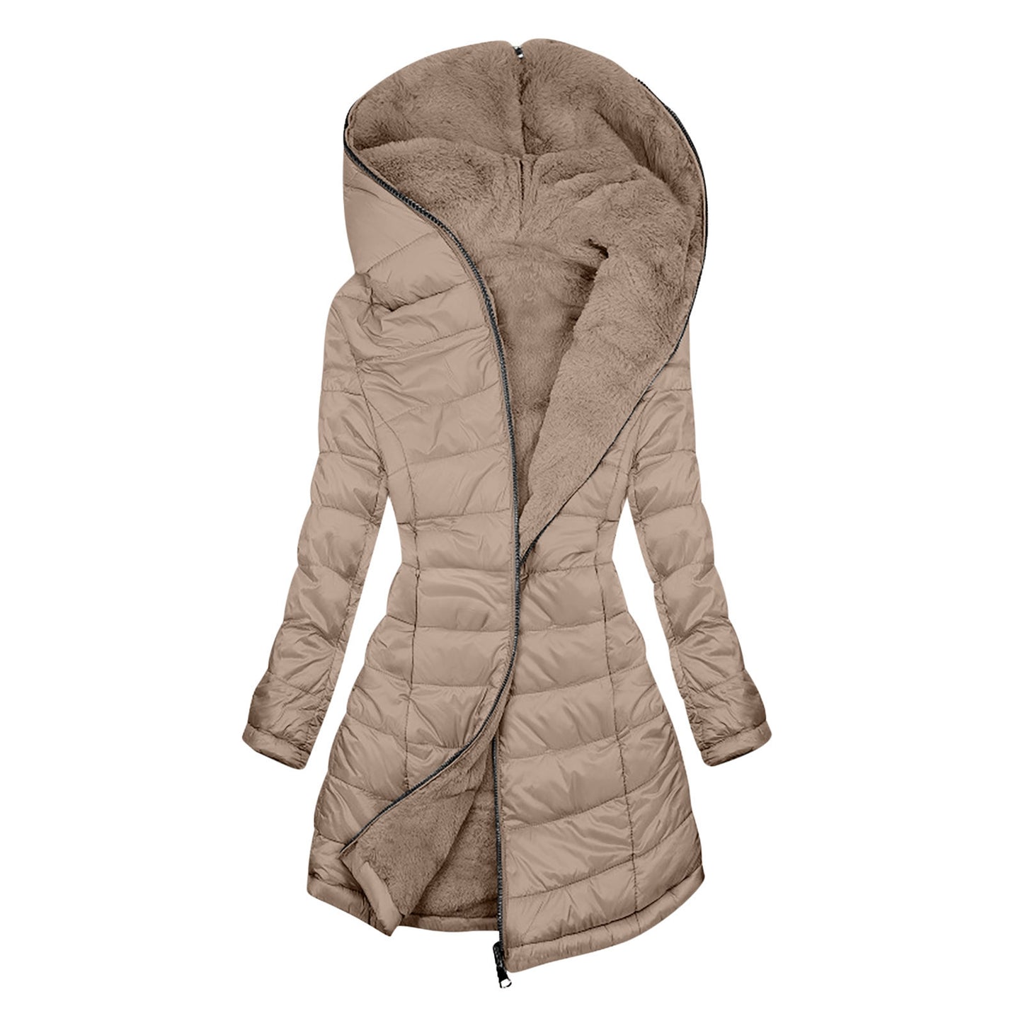 European And American Zipper Outer Wear Hooded Warm Fleece-lined Mid-length Winter Women's Coat
