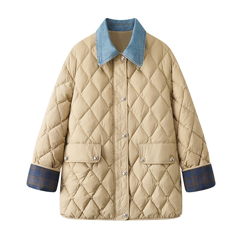 New Denim Stitching Diamond Plaid Cotton Coat Jacket Women