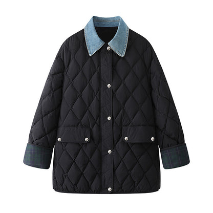 New Denim Stitching Diamond Plaid Cotton Coat Jacket Women