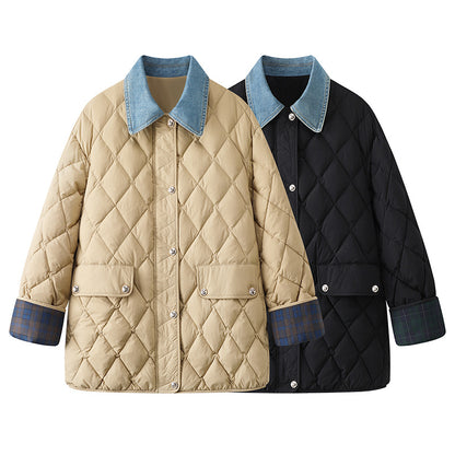 New Denim Stitching Diamond Plaid Cotton Coat Jacket Women