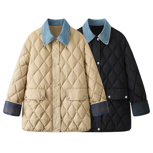 New Denim Stitching Diamond Plaid Cotton Coat Jacket Women