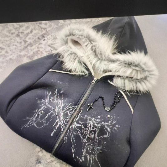 American Retro Street Printing Zipper Hooded Sweatshirt