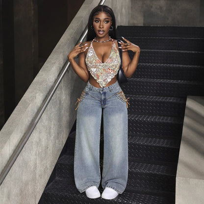 Mid-waist Lace-up Design Jeans