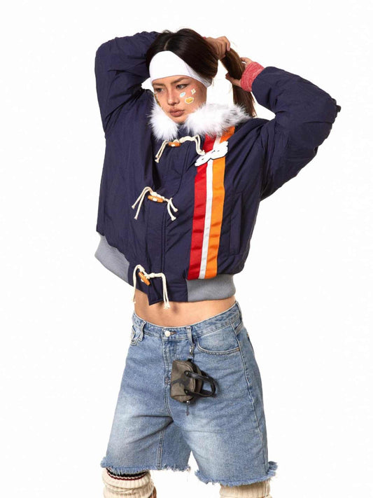 Horn Button Ribbon Short Fur Collar Cotton Coat