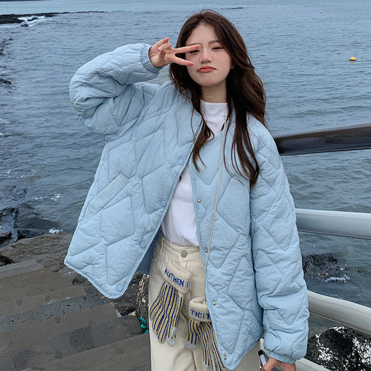Korean Style Down Cotton Jacket Women's Short Light Round Neck