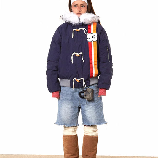 Horn Button Ribbon Short Fur Collar Cotton Coat